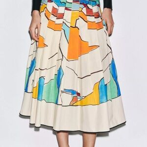 ZARA ZW Collection Printed Pleated Skirt Colorful Abstract Painting Midi, Size L